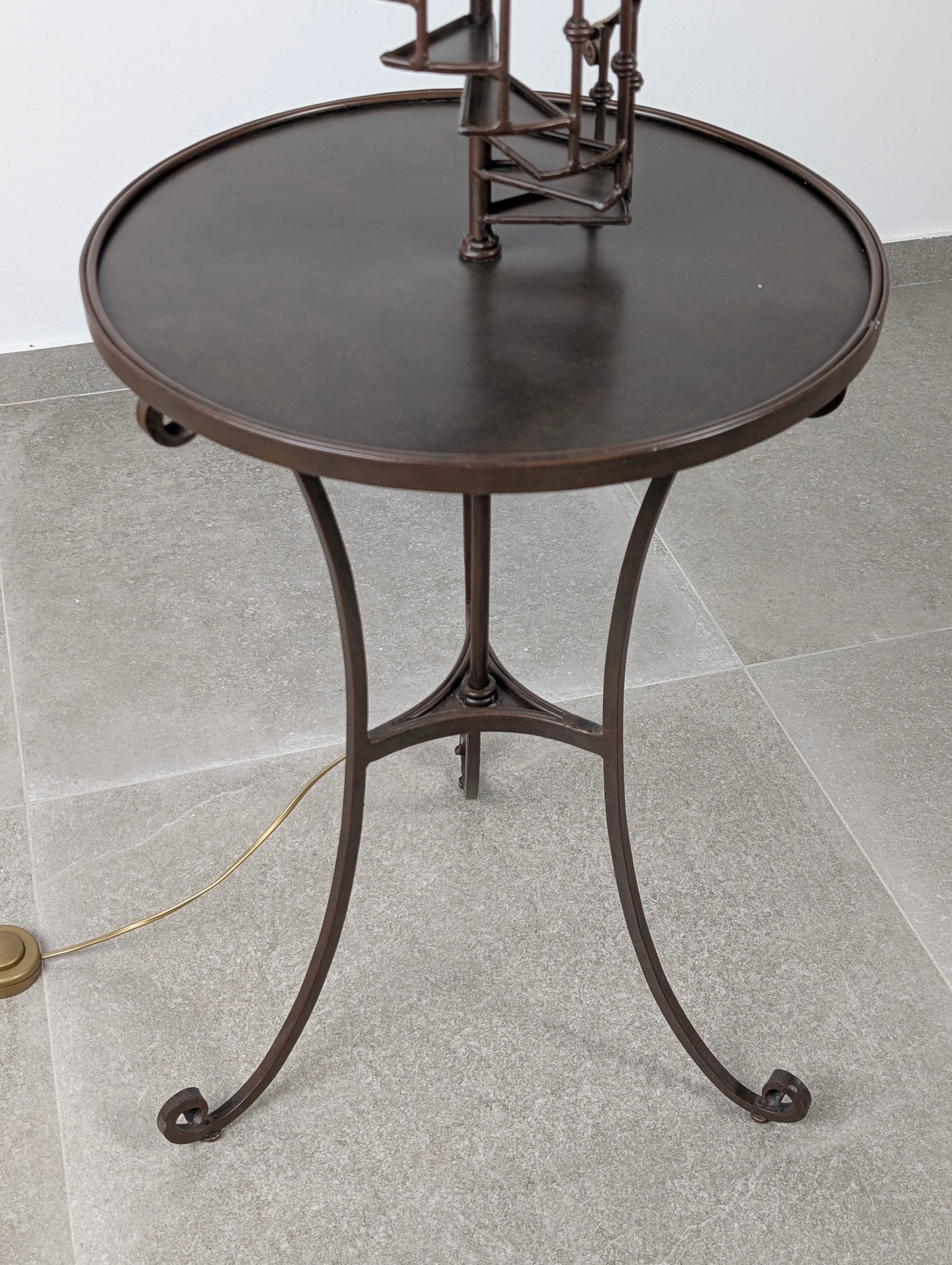 French_Guéridon_Reading_Floor_Lamp_with_Spiral_Staircase_Detail,_Wrought_Iron,_Bronze_and_Brass,_Mid-20th_Century