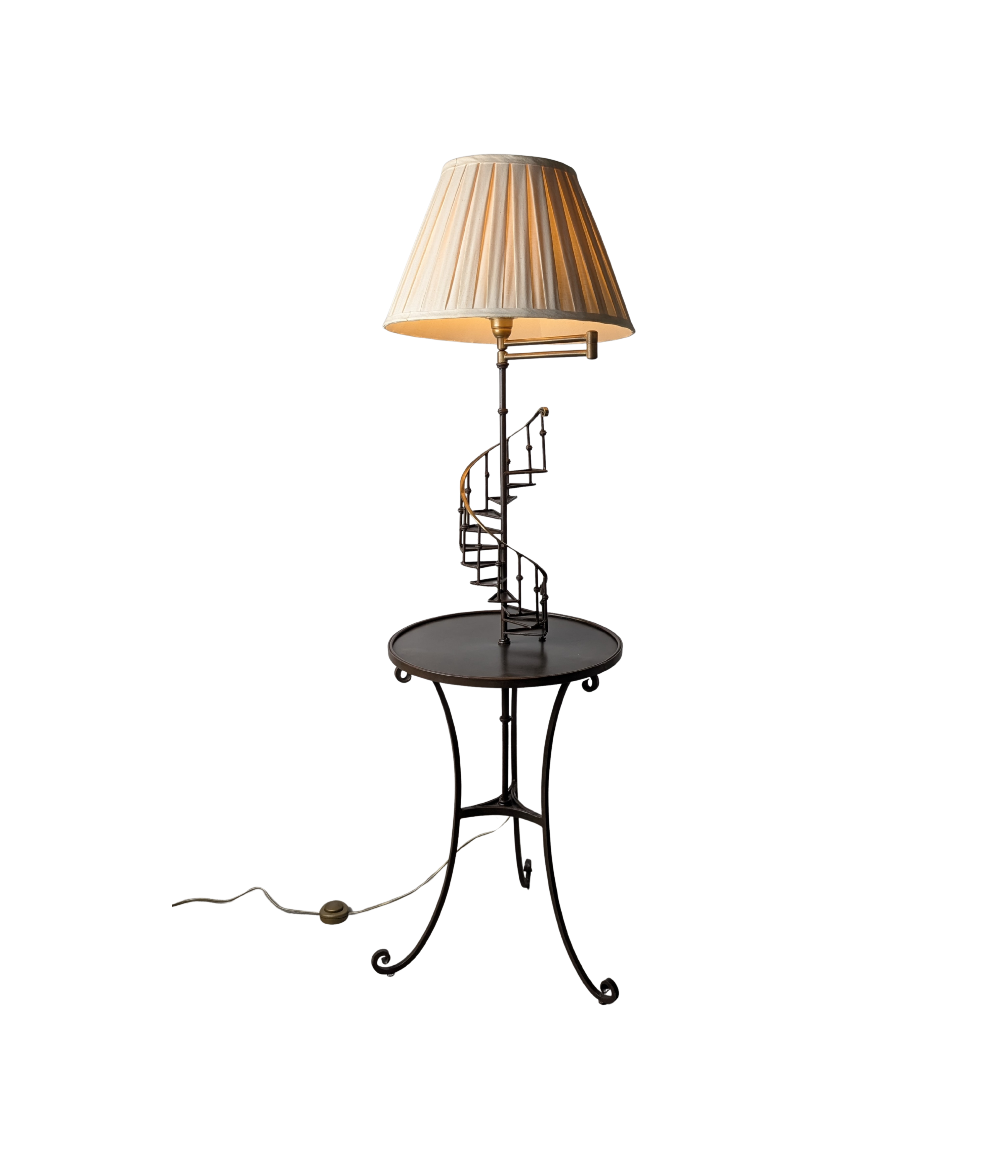 French_Guéridon_Reading_Floor_Lamp_with_Spiral_Staircase_Detail,_Wrought_Iron,_Bronze_and_Brass,_Mid-20th_Century
