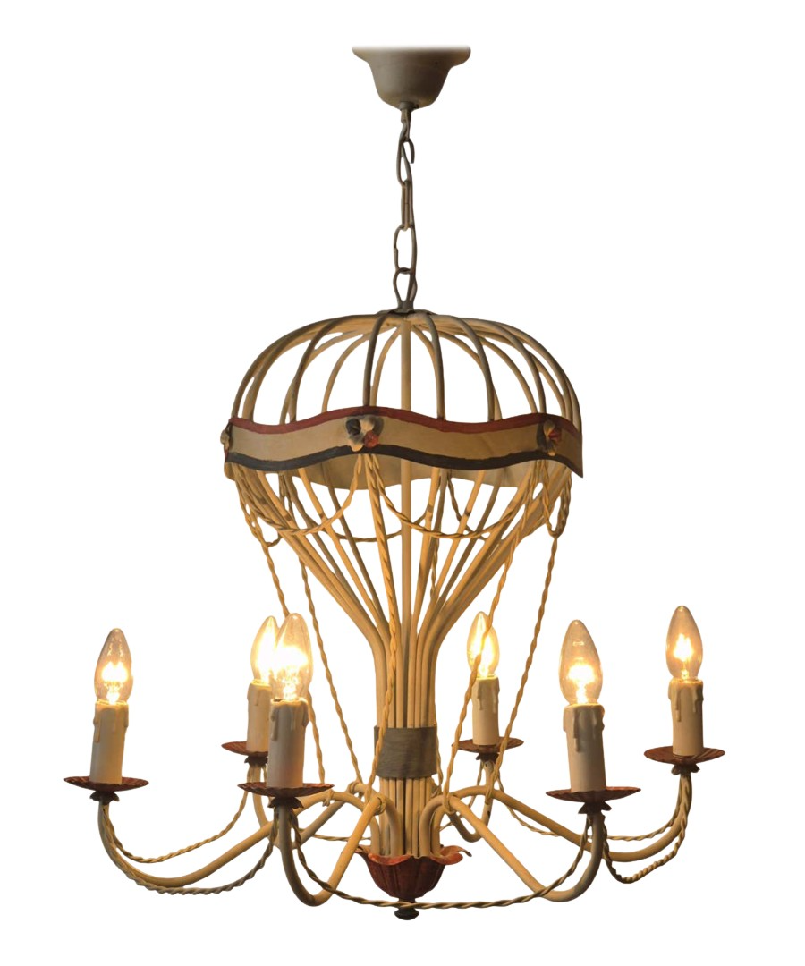 French_Hot_Air_Balloon_Chandelier_in_Gilt_Iron_and_Painted_Tole,_Mid_Century_Decorative_Ceiling_Light