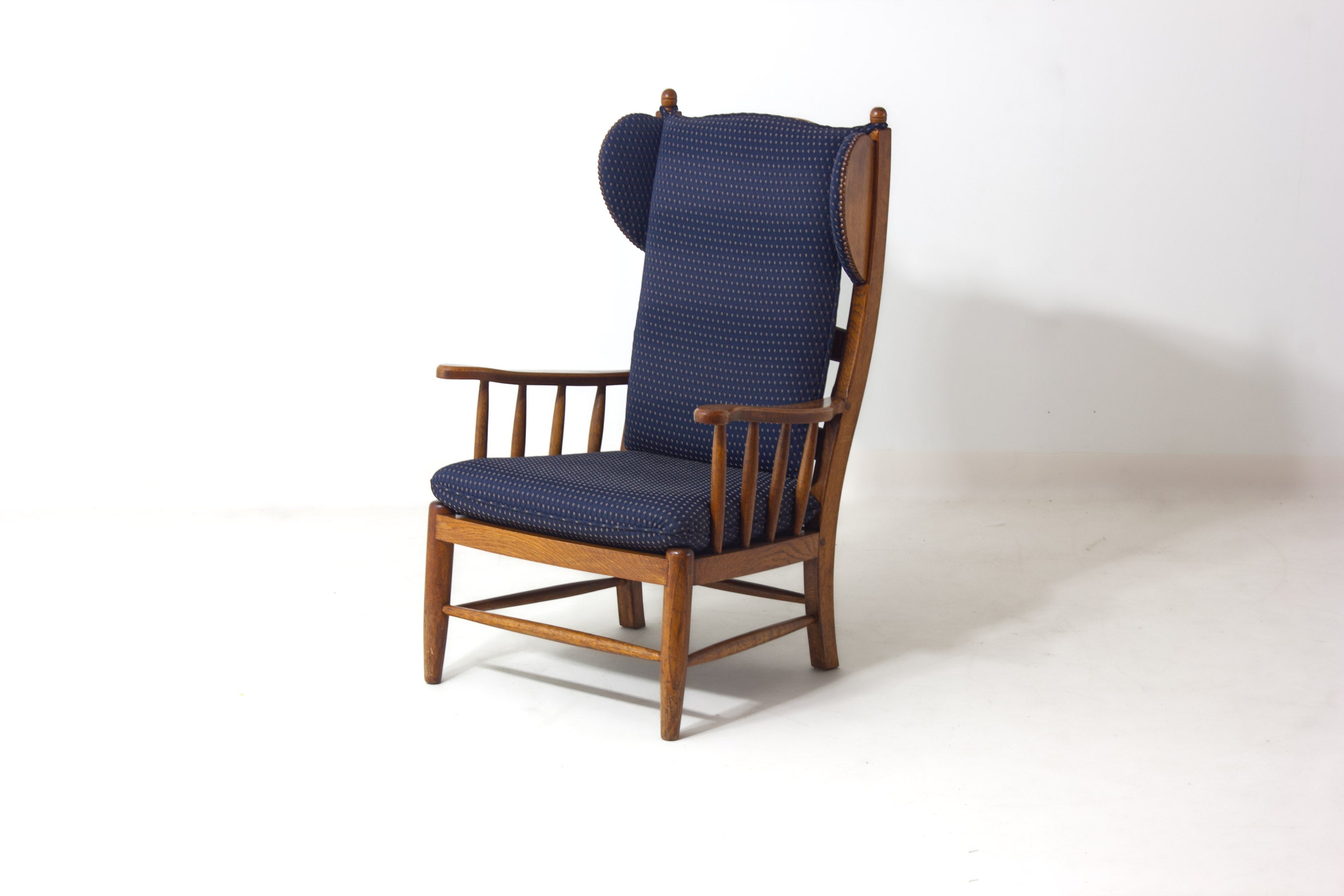 Vintage_French_Oak_Lounge_Chair,_1950s_High_Back_Armchair_with_Blue_Upholstery_Mid_Century_Modern