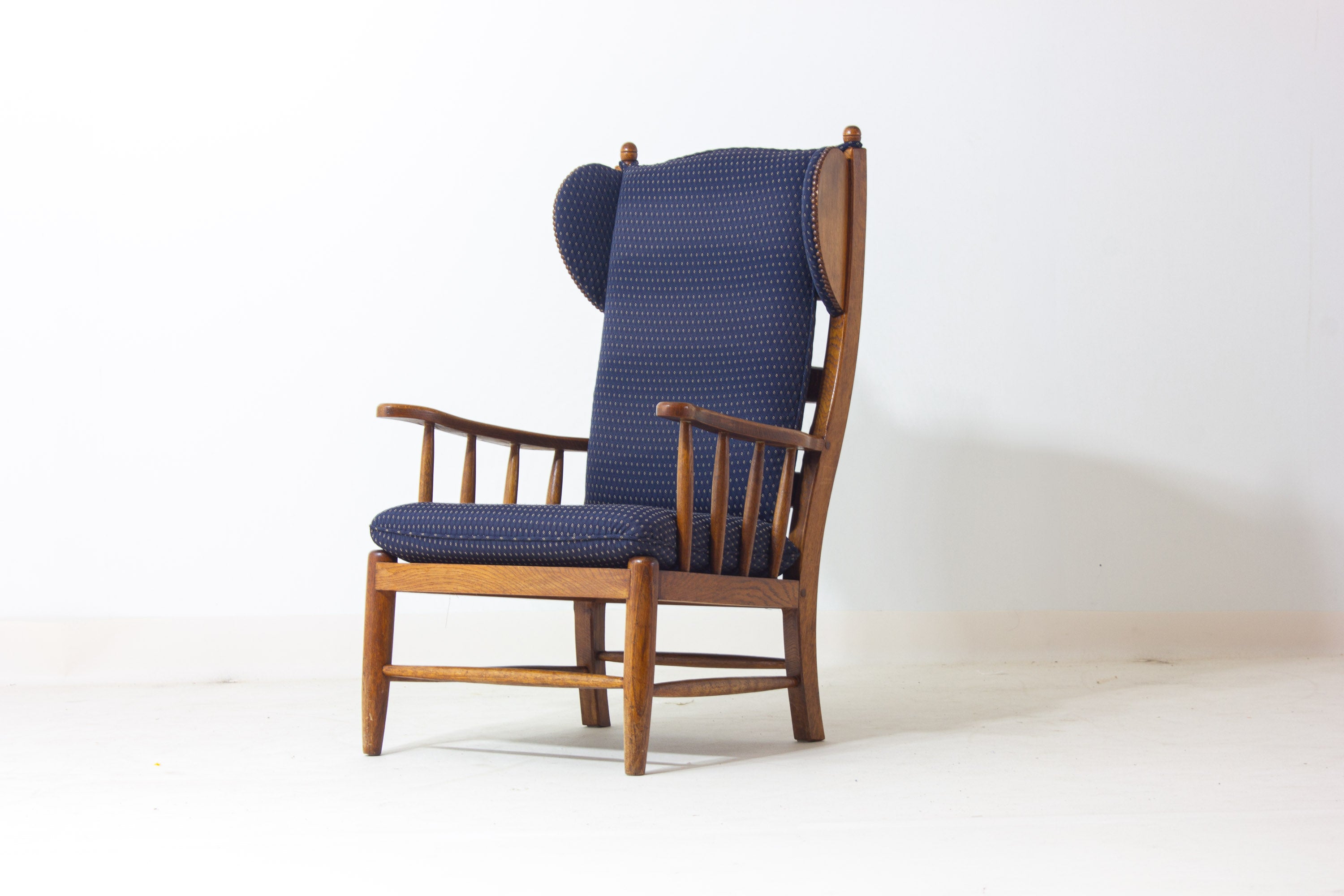 Vintage_French_Oak_Lounge_Chair,_1950s_High_Back_Armchair_with_Blue_Upholstery_Mid_Century_Modern