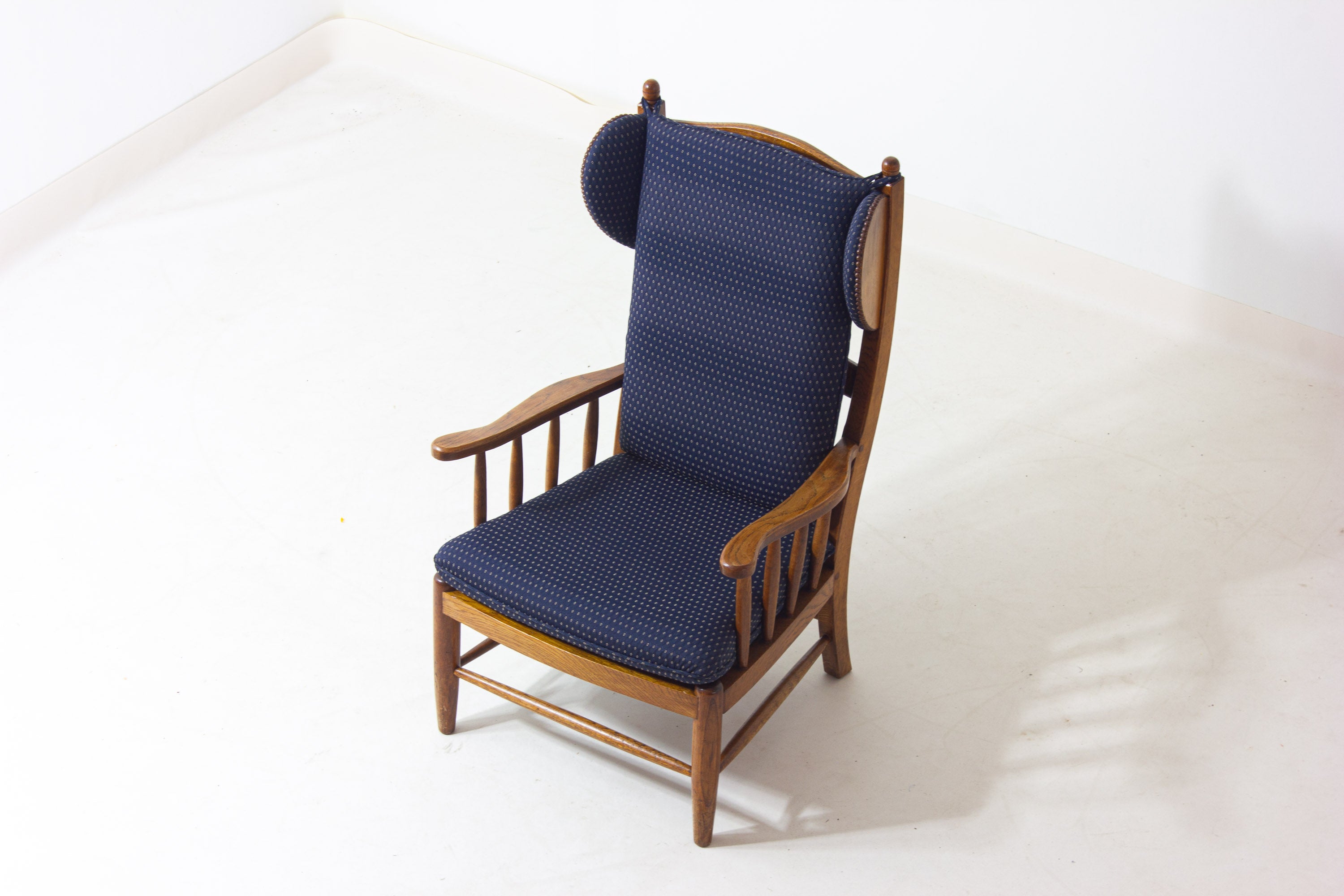 Vintage_French_Oak_Lounge_Chair,_1950s_High_Back_Armchair_with_Blue_Upholstery_Mid_Century_Modern