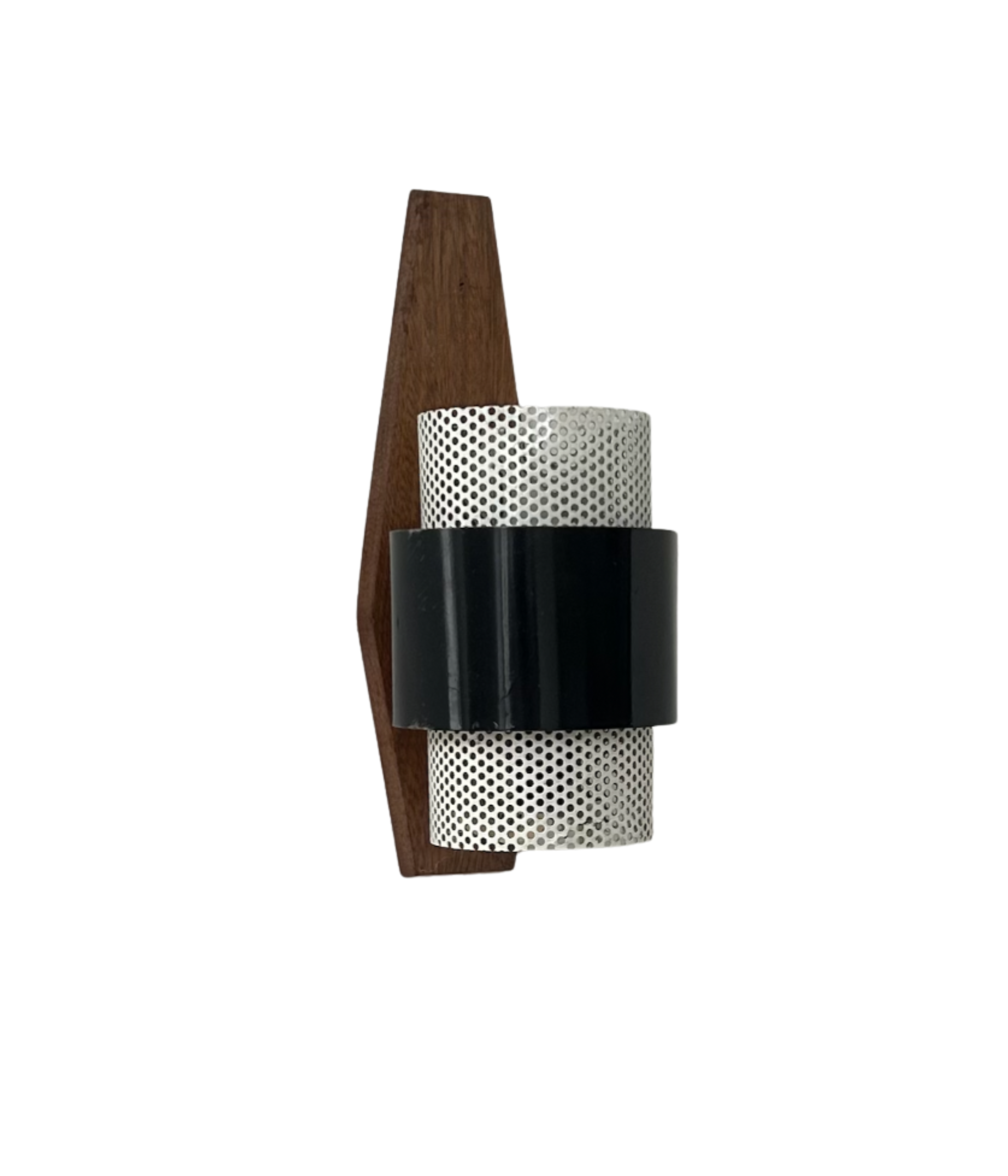 French_Wall_Light_in_Black_Lacquered_Metal,_Perforated_White_Metal_and_Wood,_1950s