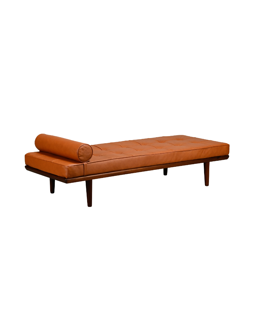 GE19_Teak_Daybed_by_Hans_J._Wegner_for_Getama,_Camel_Leather_Upholstery,_Denmark,_1960s