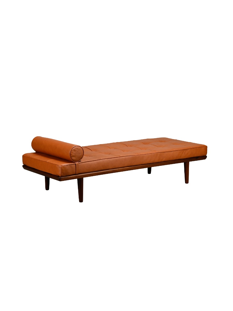 GE19_Teak_Daybed_by_Hans_J._Wegner_for_Getama,_Camel_Leather_Upholstery,_Denmark,_1960s