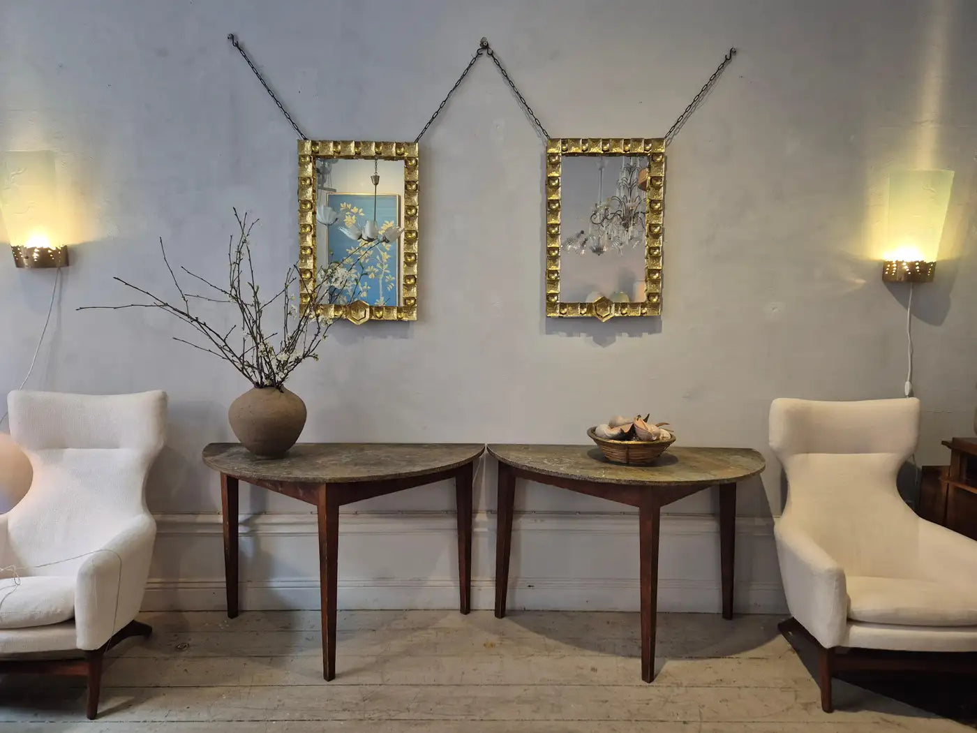 Set_of_2_Swedish_Allmoge_Demi_Lune_Tables_with_Marble_Tops,_Painted_Antique_Console_Tables,_1860s