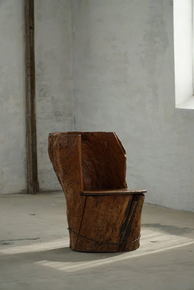 Hand_Carved_Stump_Chair_in_Pine_with_Storage,_Swedish_Modern,_Wabi_Sabi,_1900s