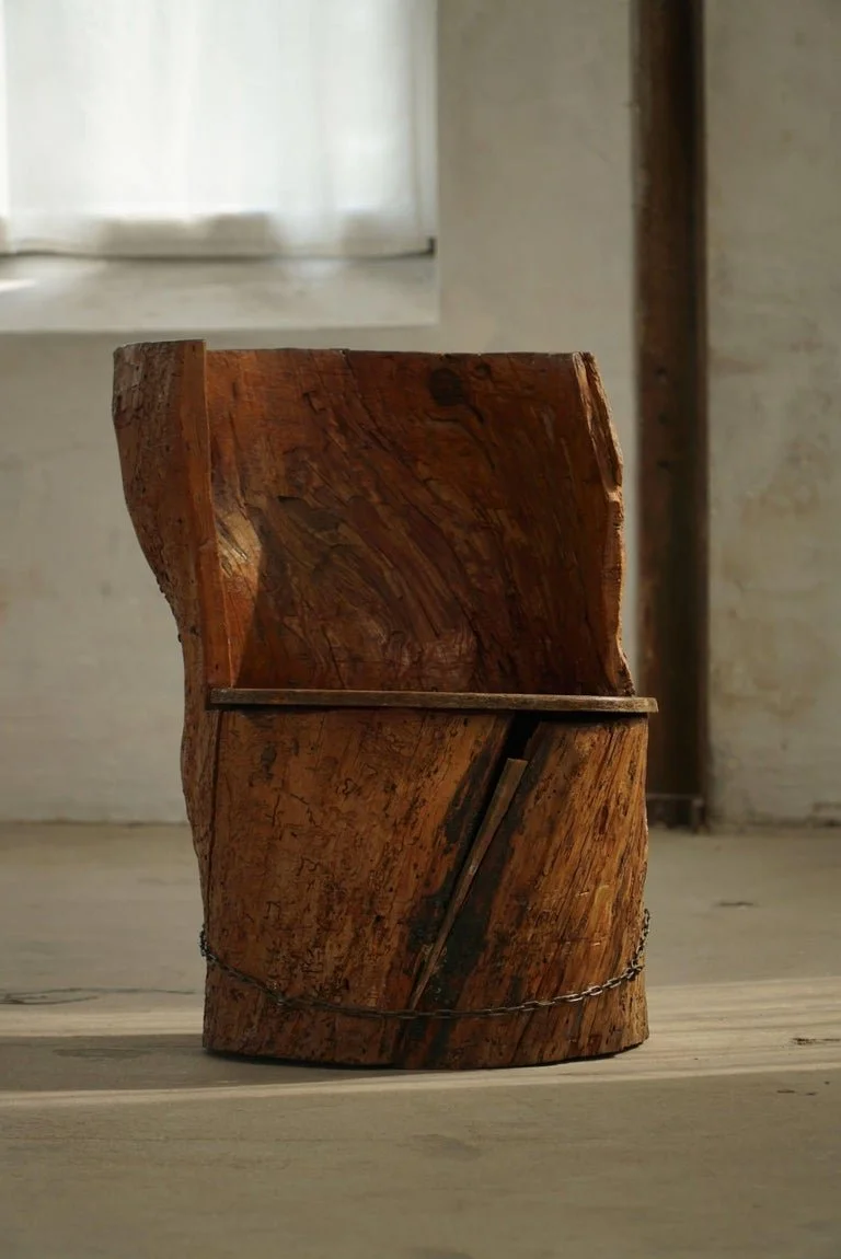 Hand_Carved_Stump_Chair_in_Pine_with_Storage,_Swedish_Modern,_Wabi_Sabi,_1900s
