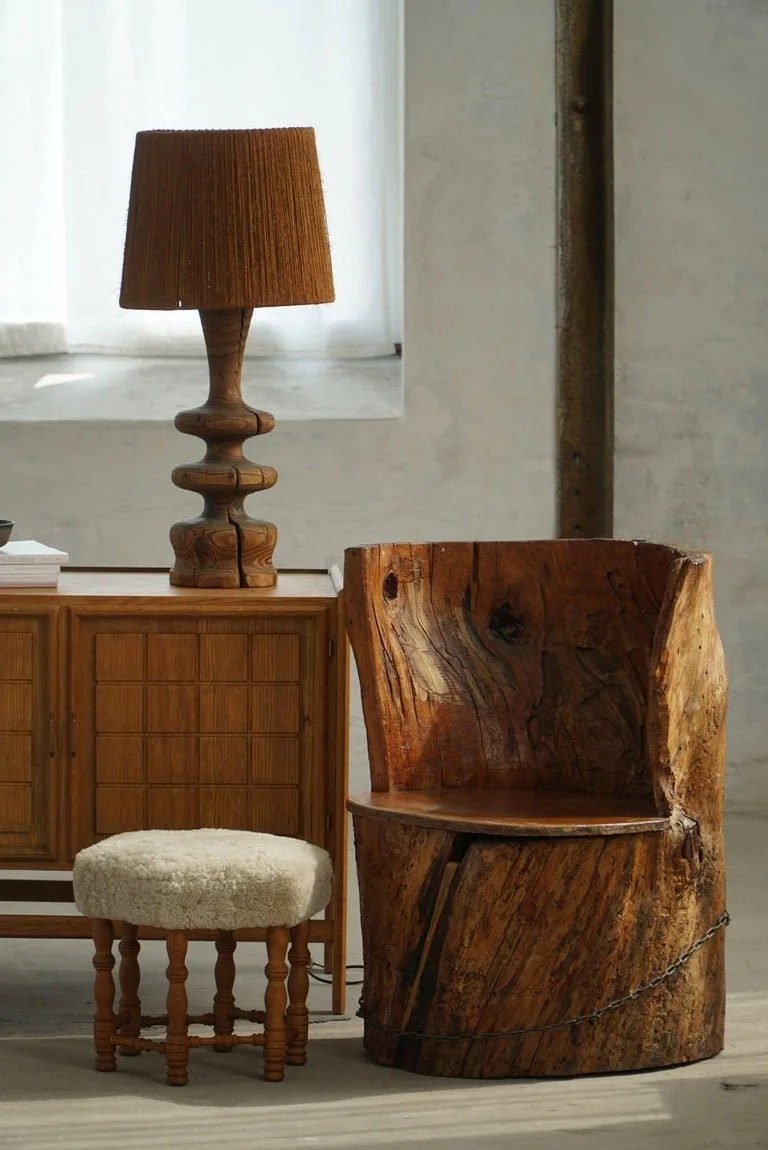Hand_Carved_Stump_Chair_in_Pine_with_Storage,_Swedish_Modern,_Wabi_Sabi,_1900s