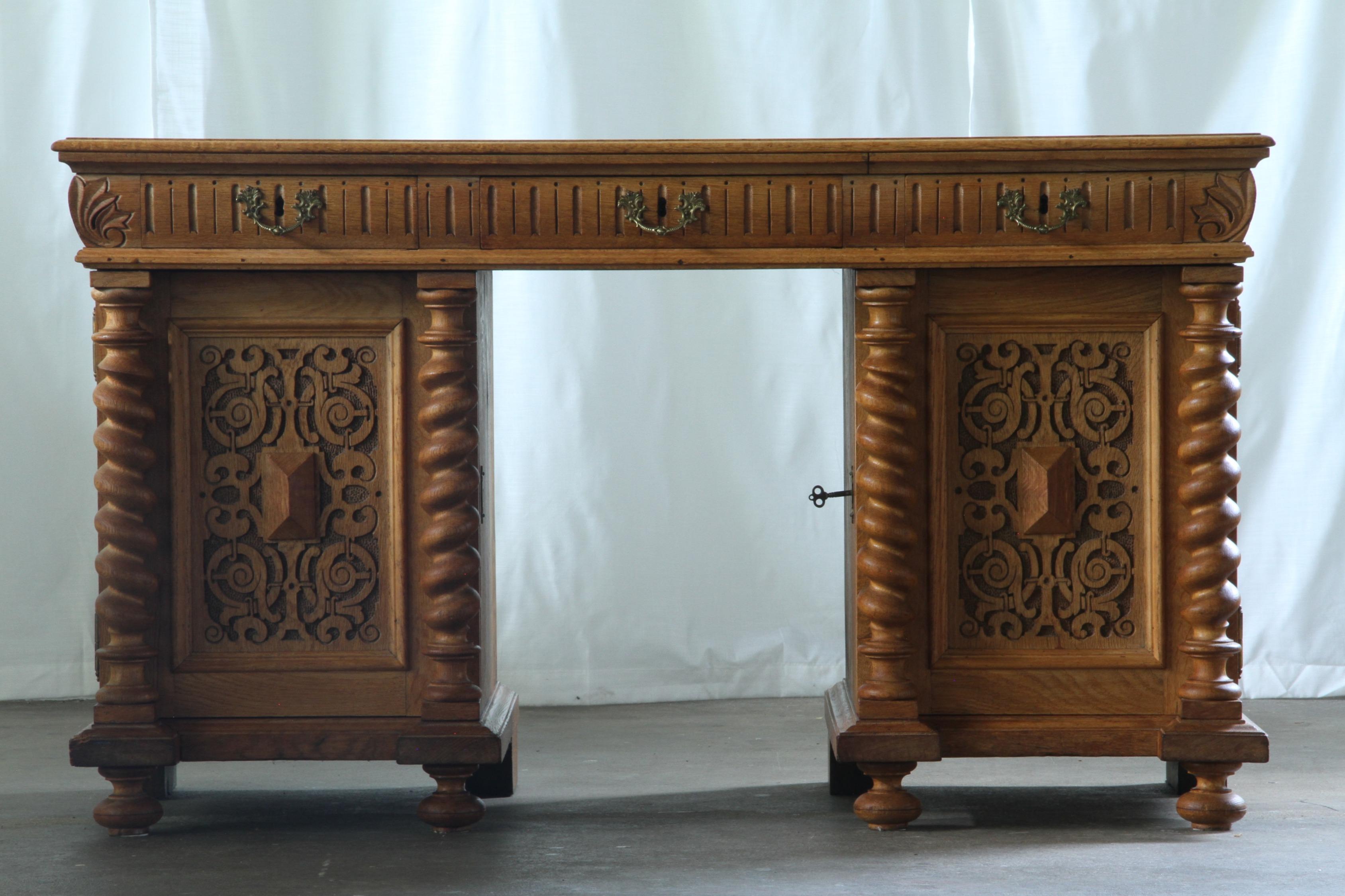 Unique_Danish_Cabinetmaker_Solid_Oak_Desk_with_Carved_Doors,_Denmark,_1960s