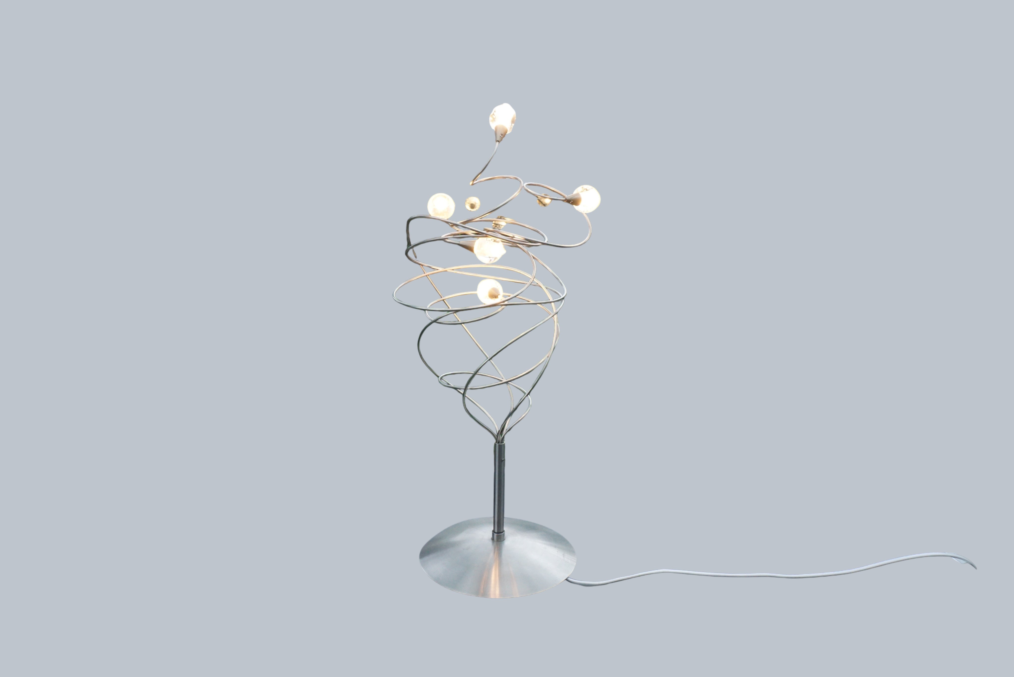 Twister_Table_Lamp_by_Harco_Loor_Design,_Sculptural_Stainless_Steel_and_Blown_Glass_Light,_Netherlands,_1980s