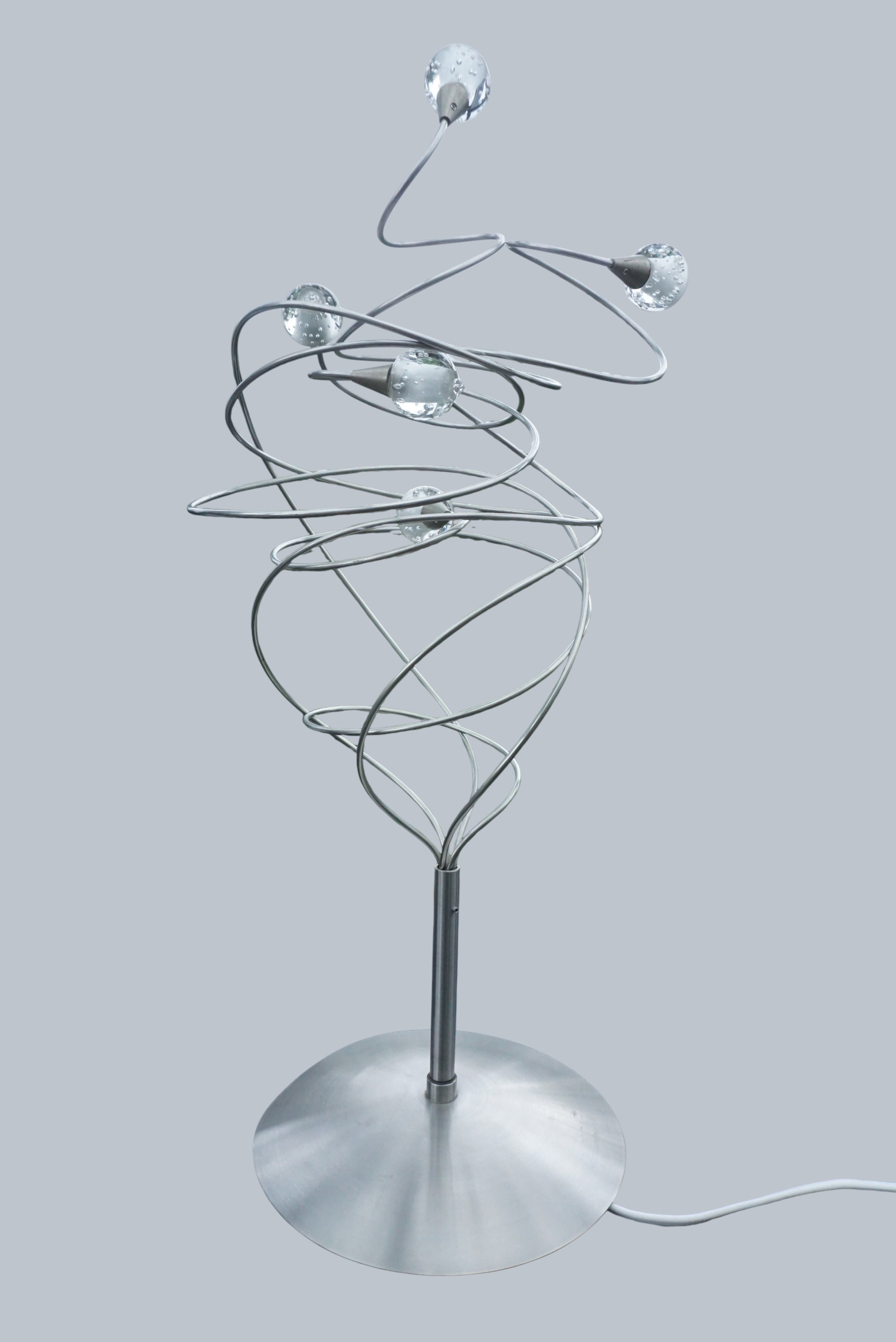 Twister_Table_Lamp_by_Harco_Loor_Design,_Sculptural_Stainless_Steel_and_Blown_Glass_Light,_Netherlands,_1980s