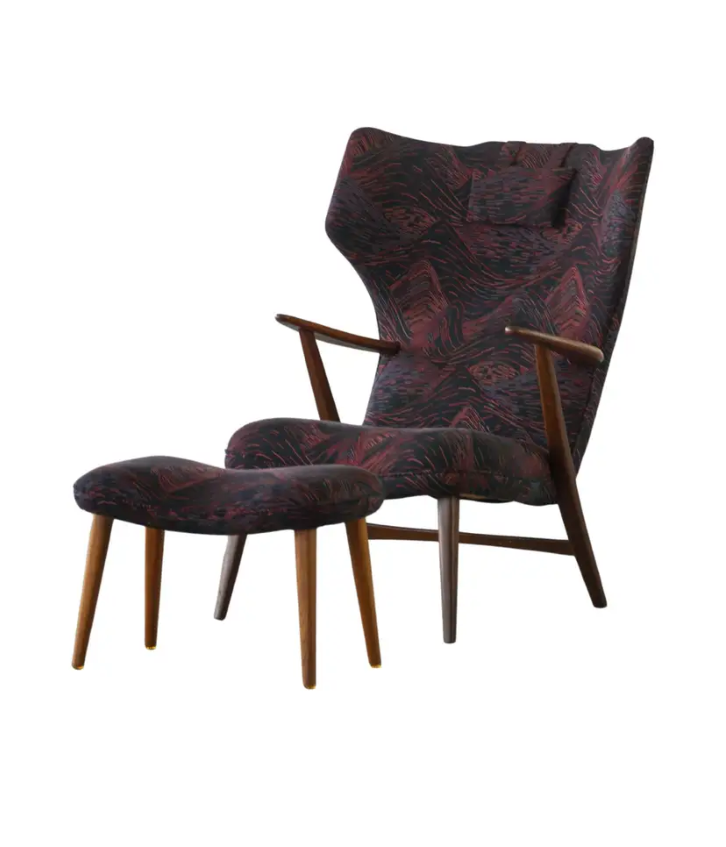 Henry_Hans_Schubell,_Wingback_Lounge_Chair_&_Stool_in_Teak,_Reupholstered,_1950s