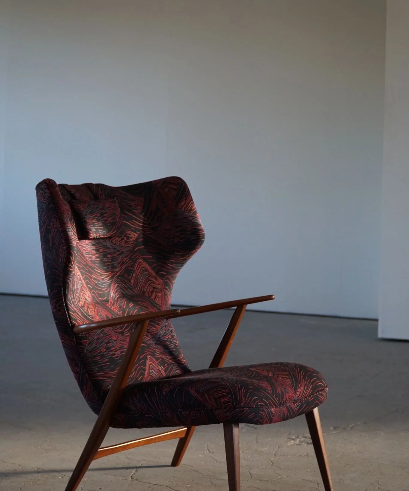 Henry_Hans_Schubell,_Wingback_Lounge_Chair_&_Stool_in_Teak,_Reupholstered,_1950s