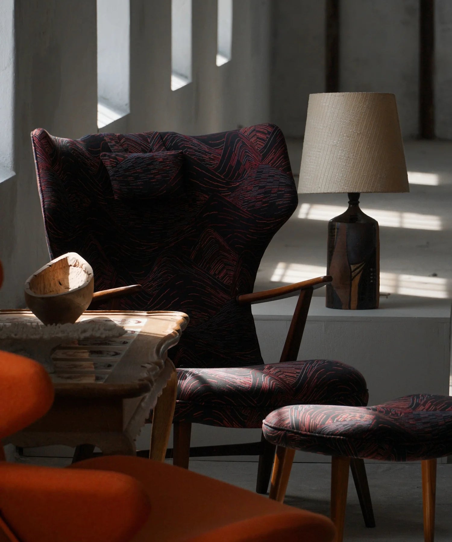 Henry_Hans_Schubell,_Wingback_Lounge_Chair_&_Stool_in_Teak,_Reupholstered,_1950s