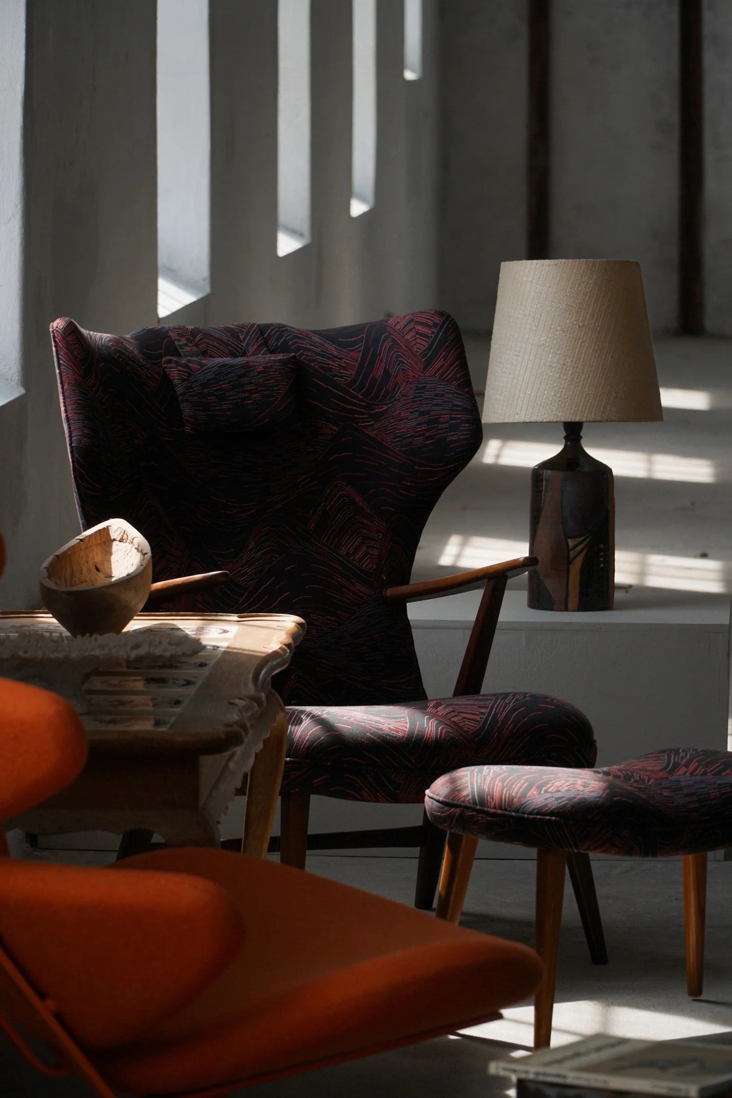 Henry_Hans_Schubell,_Wingback_Lounge_Chair_&_Stool_in_Teak,_Reupholstered,_1950s
