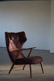 Henry_Hans_Schubell,_Wingback_Lounge_Chair_&_Stool_in_Teak,_Reupholstered,_1950s