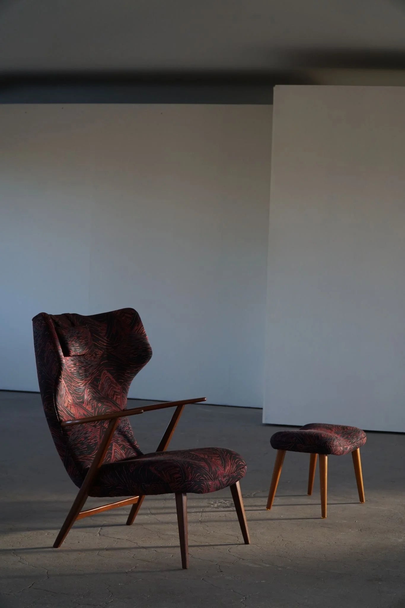 Henry_Hans_Schubell,_Wingback_Lounge_Chair_&_Stool_in_Teak,_Reupholstered,_1950s