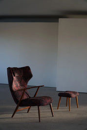 Henry_Hans_Schubell,_Wingback_Lounge_Chair_&_Stool_in_Teak,_Reupholstered,_1950s