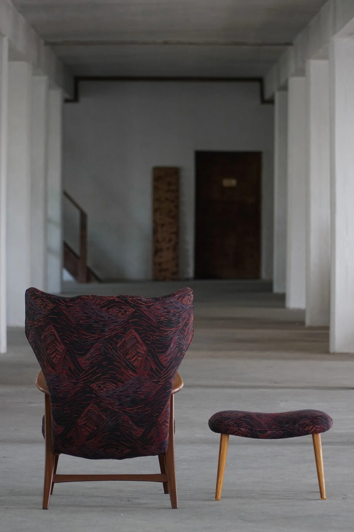 Henry_Hans_Schubell,_Wingback_Lounge_Chair_&_Stool_in_Teak,_Reupholstered,_1950s
