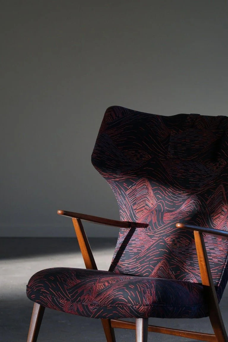 Henry_Hans_Schubell,_Wingback_Lounge_Chair_&_Stool_in_Teak,_Reupholstered,_1950s