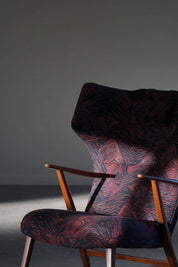 Henry_Hans_Schubell,_Wingback_Lounge_Chair_&_Stool_in_Teak,_Reupholstered,_1950s