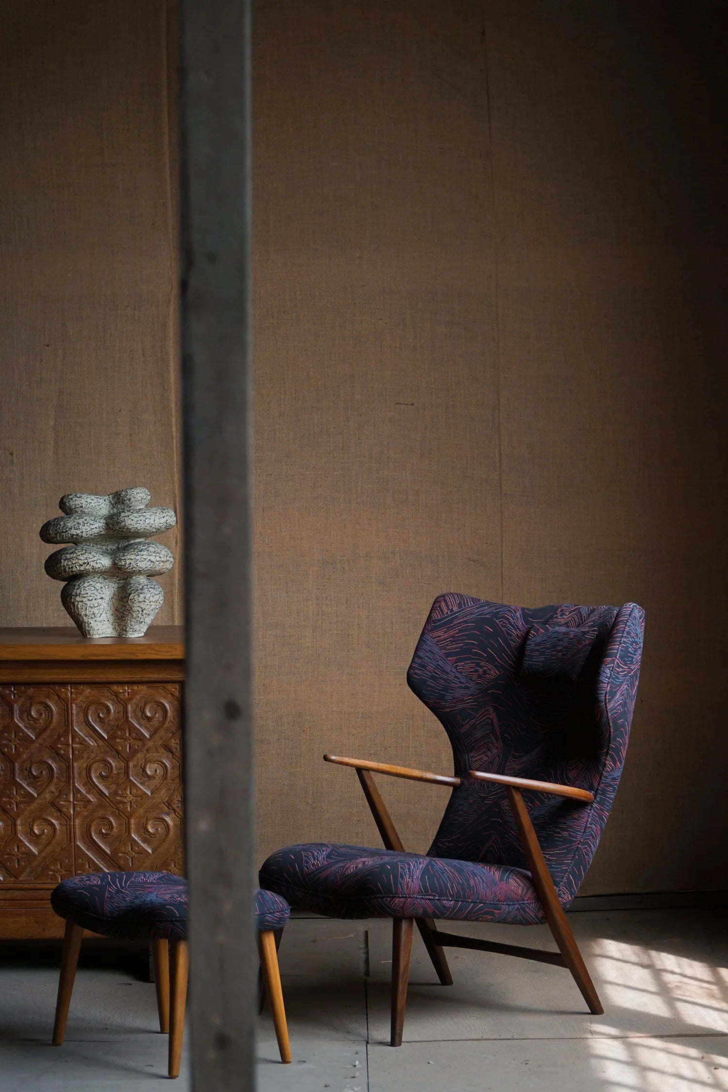 Henry_Hans_Schubell,_Wingback_Lounge_Chair_&_Stool_in_Teak,_Reupholstered,_1950s