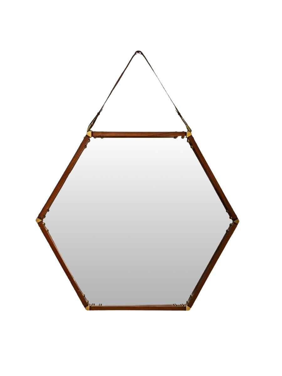 Hexagonal_Wall_Mirror_in_Teak_with_Brass_and_Leather_Strap_1960s_Italy