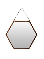 Hexagonal_Wall_Mirror_in_Teak_with_Brass_and_Leather_Strap_1960s_Italy