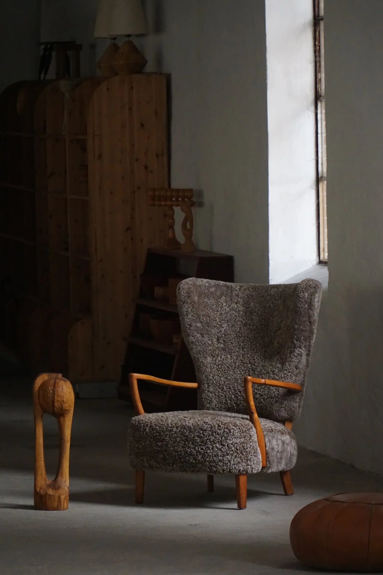 High_Back_Lounge_Chair_in_Oak_and_Lambswool,_Scandinavian_Modern_Style