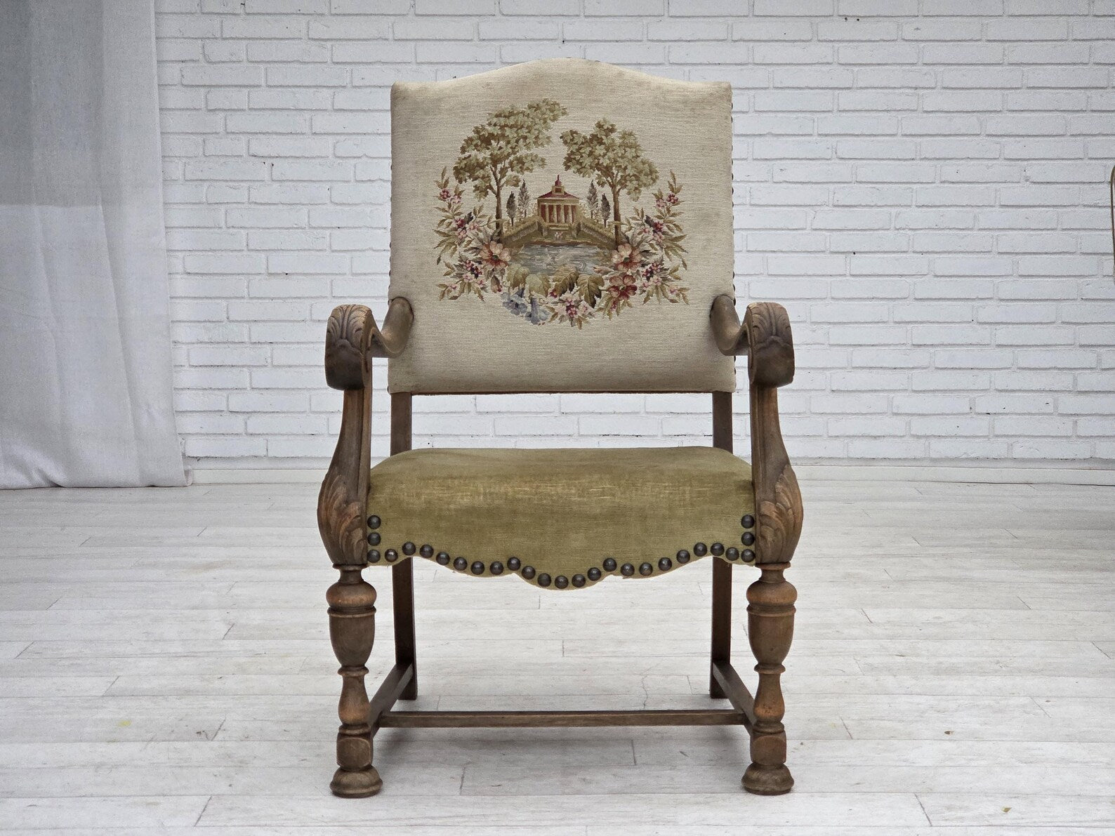 Highback_Armchair,_Wool_&_Velour,_Carved_Oak_1950s_Denmark