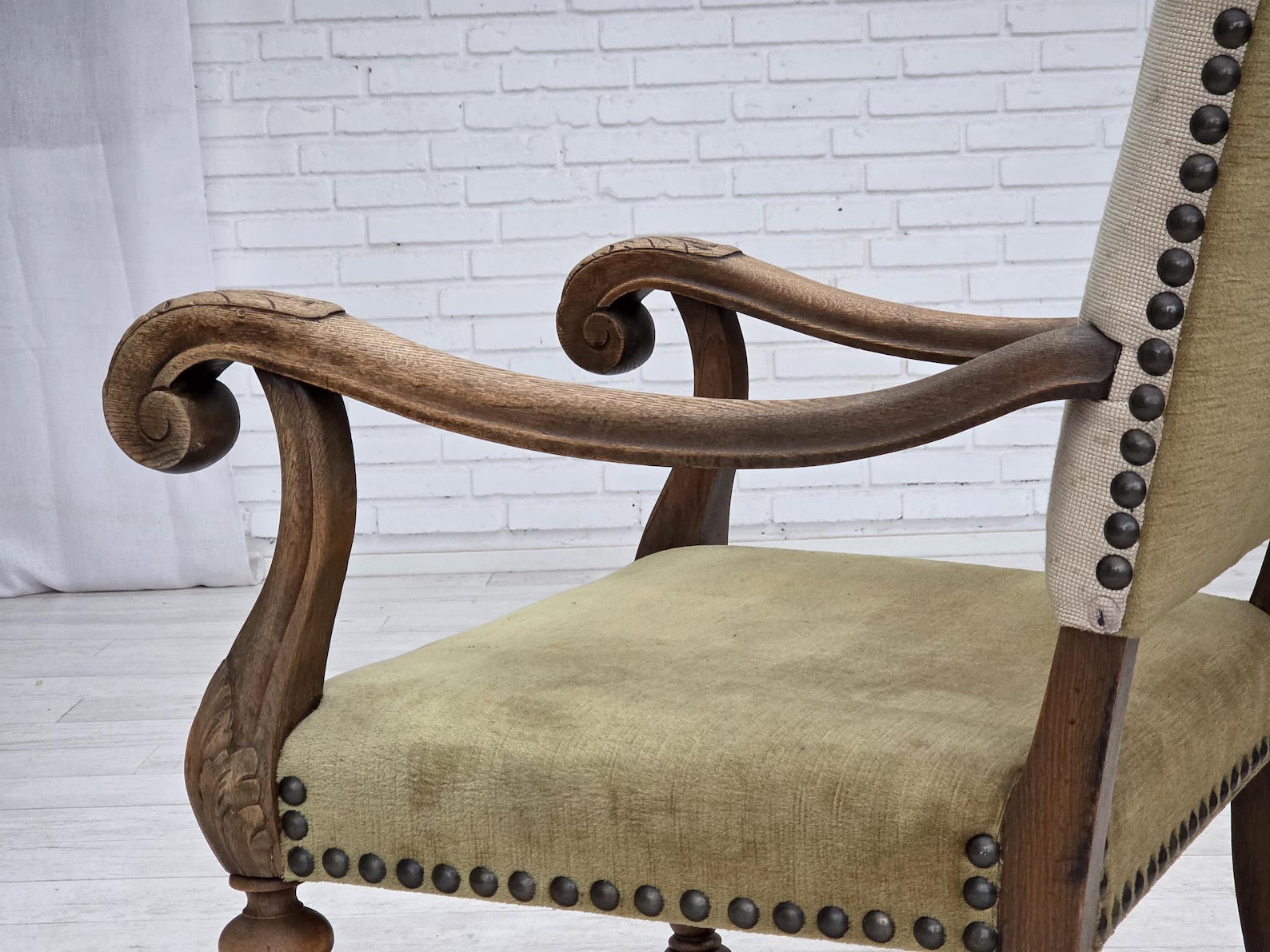Highback_Armchair,_Wool_&_Velour,_Carved_Oak_1950s_Denmark