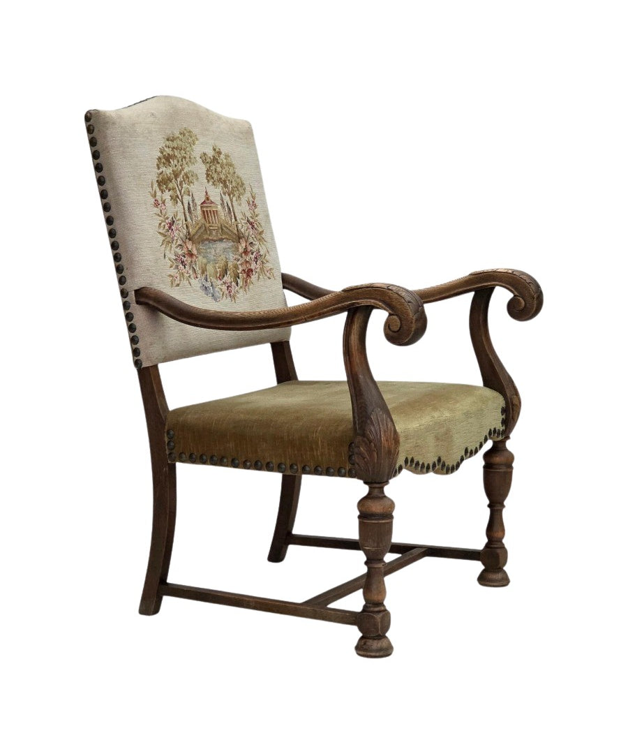 Highback_Armchair,_Wool_&_Velour,_Carved_Oak_1950s_Denmark