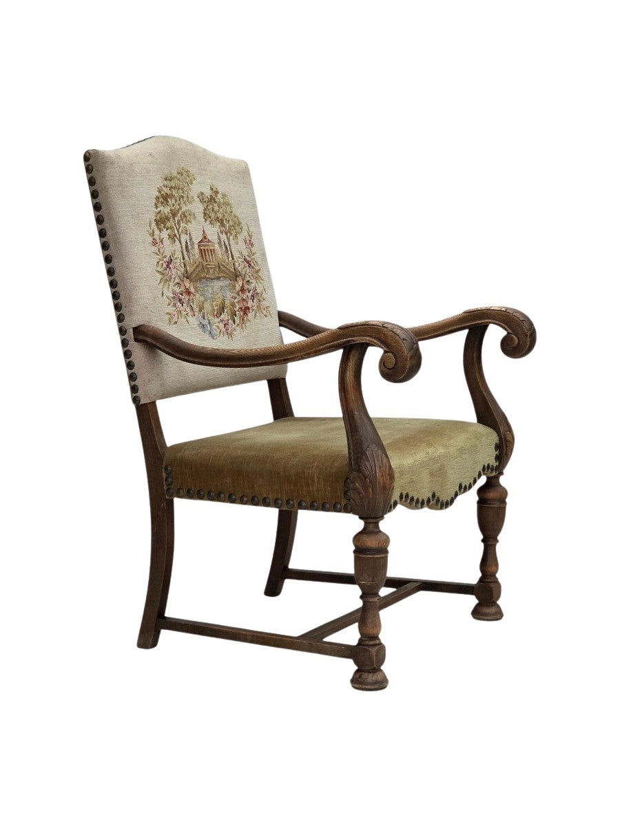 Highback_Armchair,_Wool_&_Velour,_Carved_Oak_1950s_Denmark