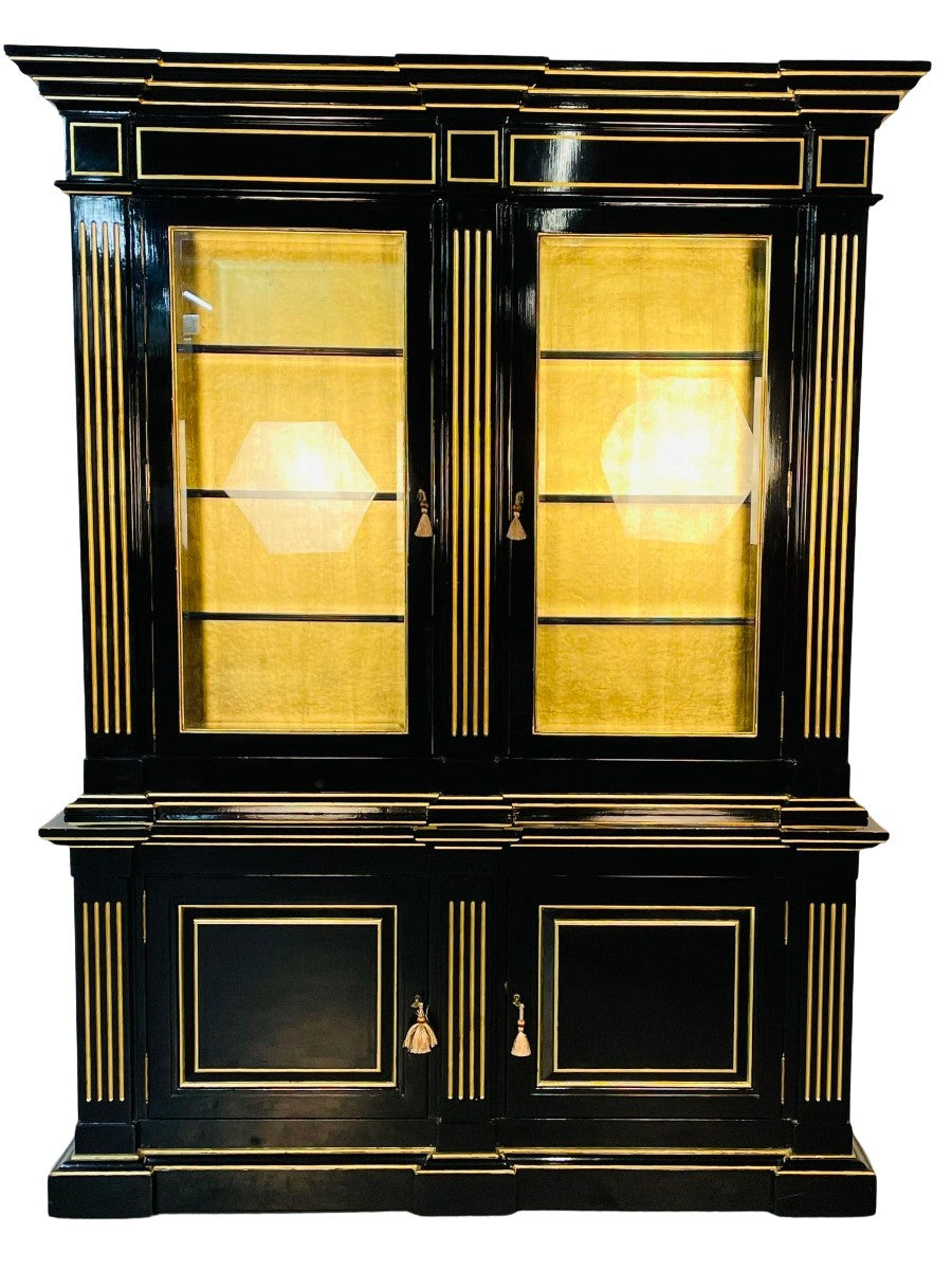 Hollywood_Regency_Maison_Jansen-Style_Bookcase,_Ebony_&_Gold_Leaf_1970s