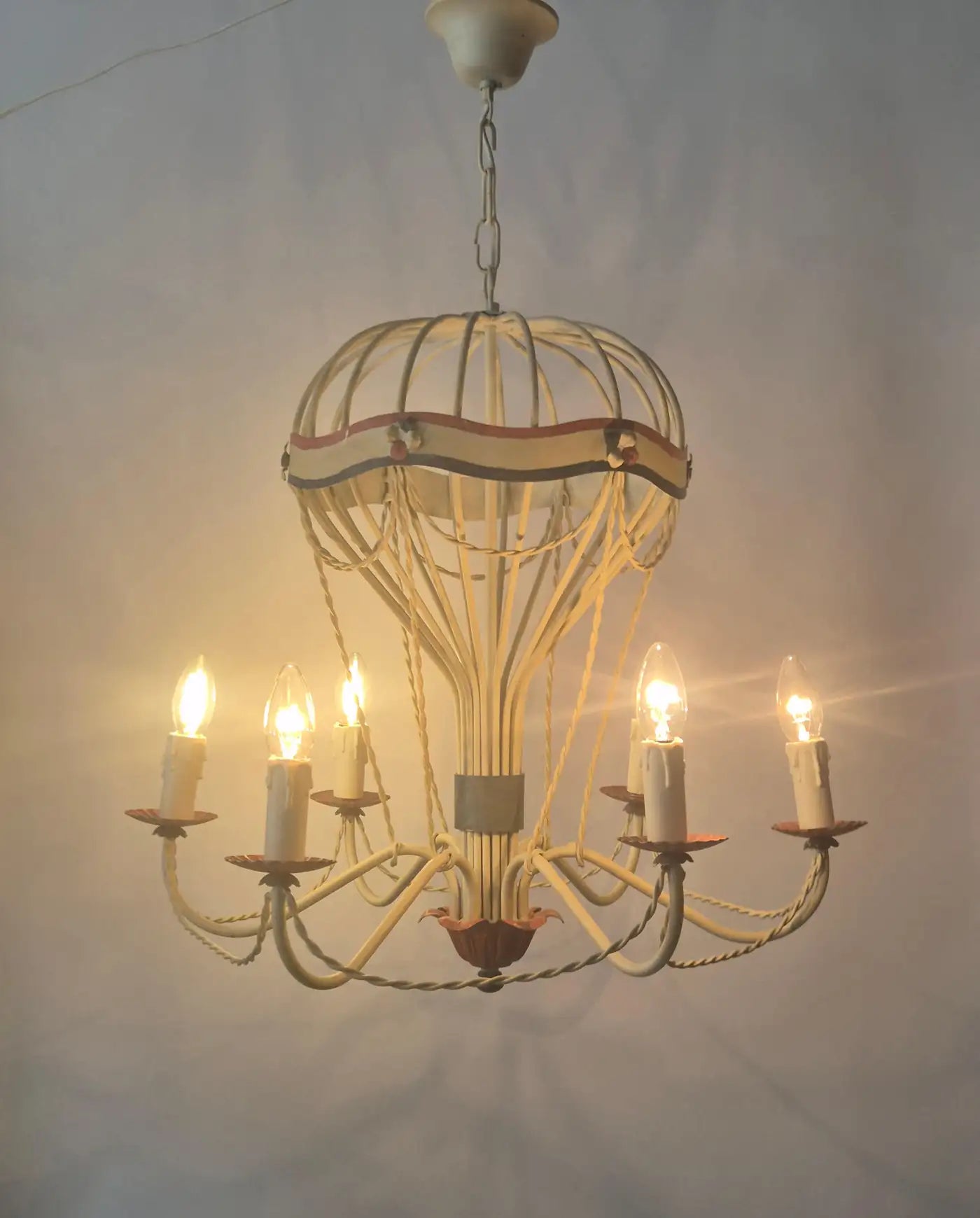 French_Hot_Air_Balloon_Chandelier_in_Gilt_Iron_and_Painted_Tole,_Mid_Century_Decorative_Ceiling_Light