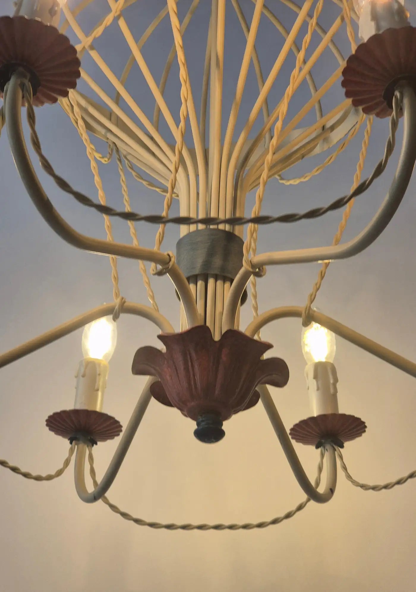 French_Hot_Air_Balloon_Chandelier_in_Gilt_Iron_and_Painted_Tole,_Mid_Century_Decorative_Ceiling_Light