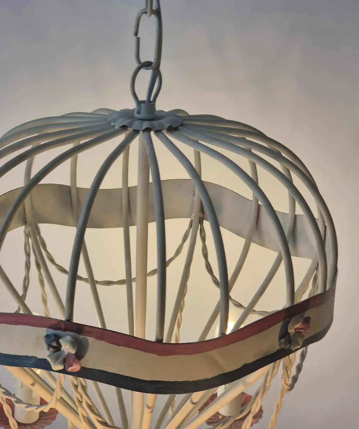 French_Hot_Air_Balloon_Chandelier_in_Gilt_Iron_and_Painted_Tole,_Mid_Century_Decorative_Ceiling_Light