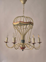 French_Hot_Air_Balloon_Chandelier_in_Gilt_Iron_and_Painted_Tole,_Mid_Century_Decorative_Ceiling_Light