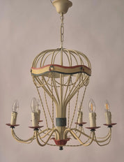 French_Hot_Air_Balloon_Chandelier_in_Gilt_Iron_and_Painted_Tole,_Mid_Century_Decorative_Ceiling_Light