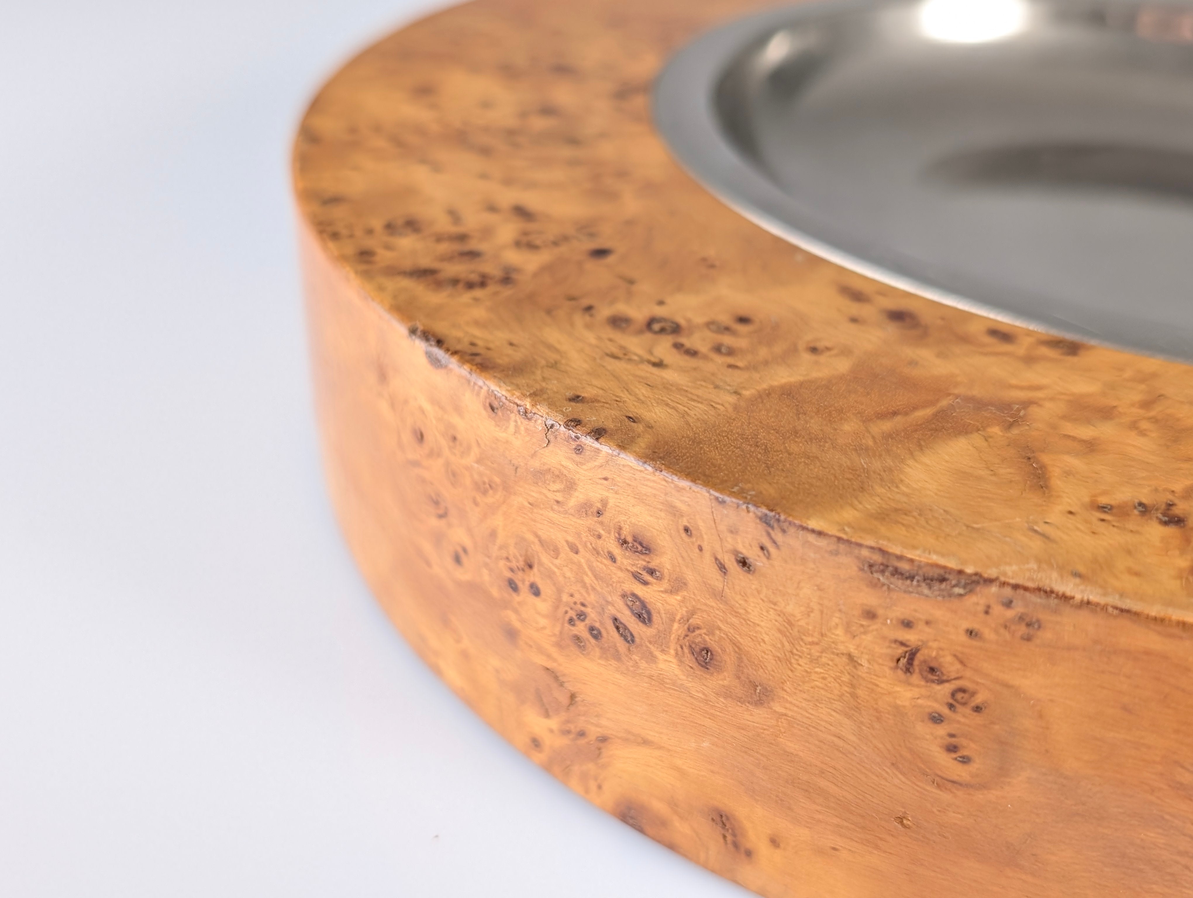 1970s_Italian_Burl_Wood_and_Stainless_Steel_Ashtray_or_Catchall,_Tommaso_Barbi_Style