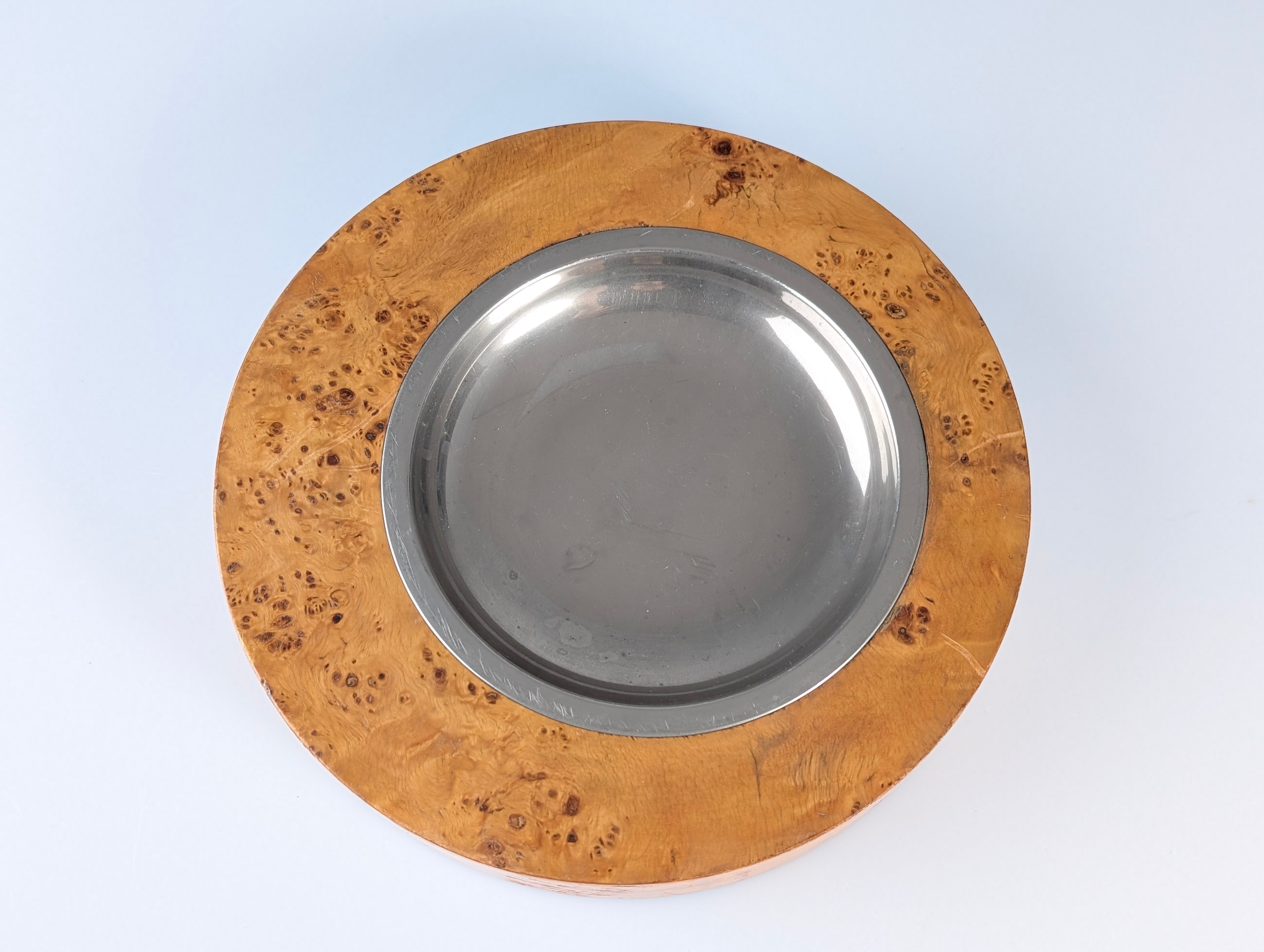 1970s_Italian_Burl_Wood_and_Stainless_Steel_Ashtray_or_Catchall,_Tommaso_Barbi_Style