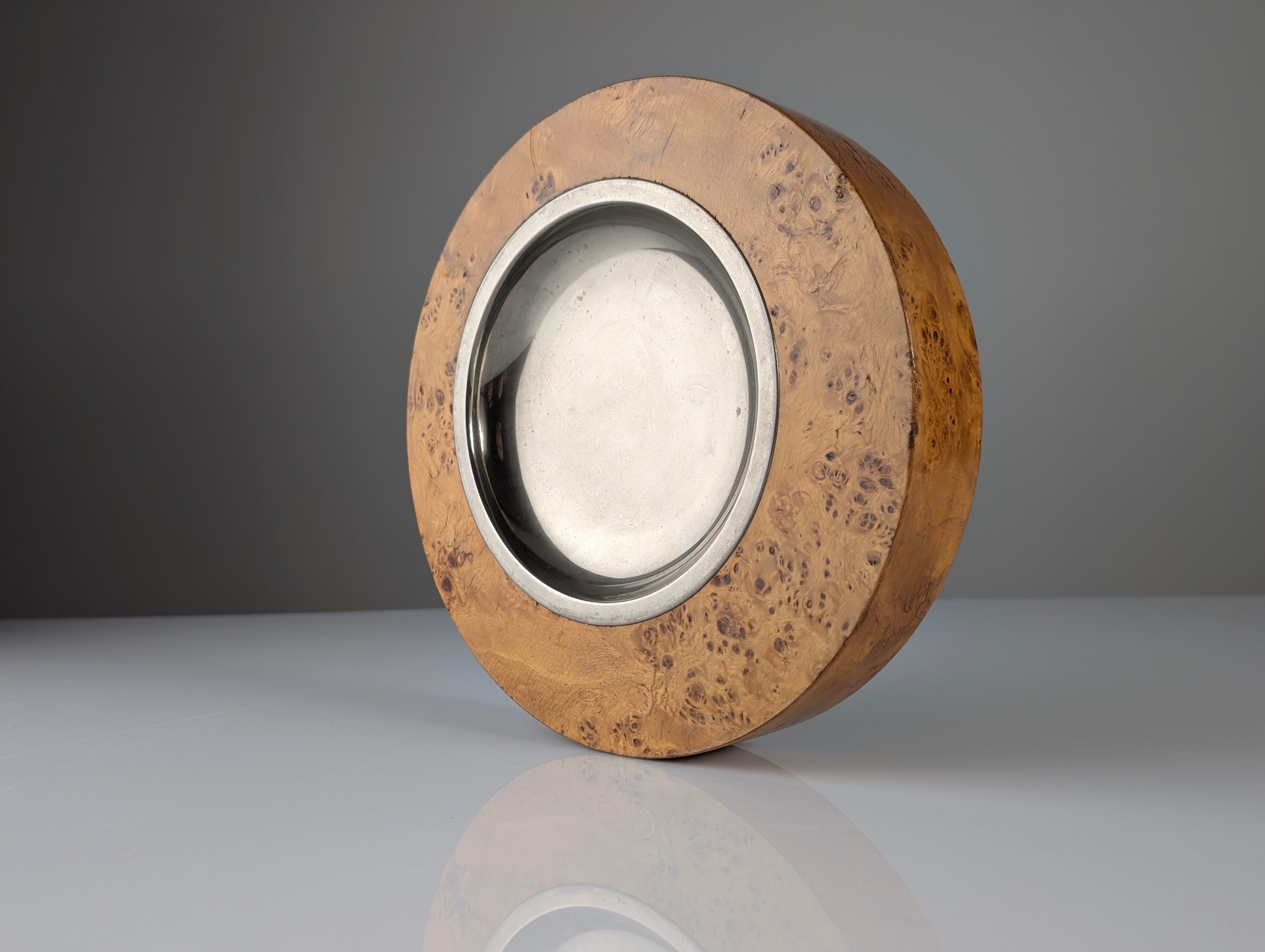 1970s_Italian_Burl_Wood_and_Stainless_Steel_Ashtray_or_Catchall,_Tommaso_Barbi_Style