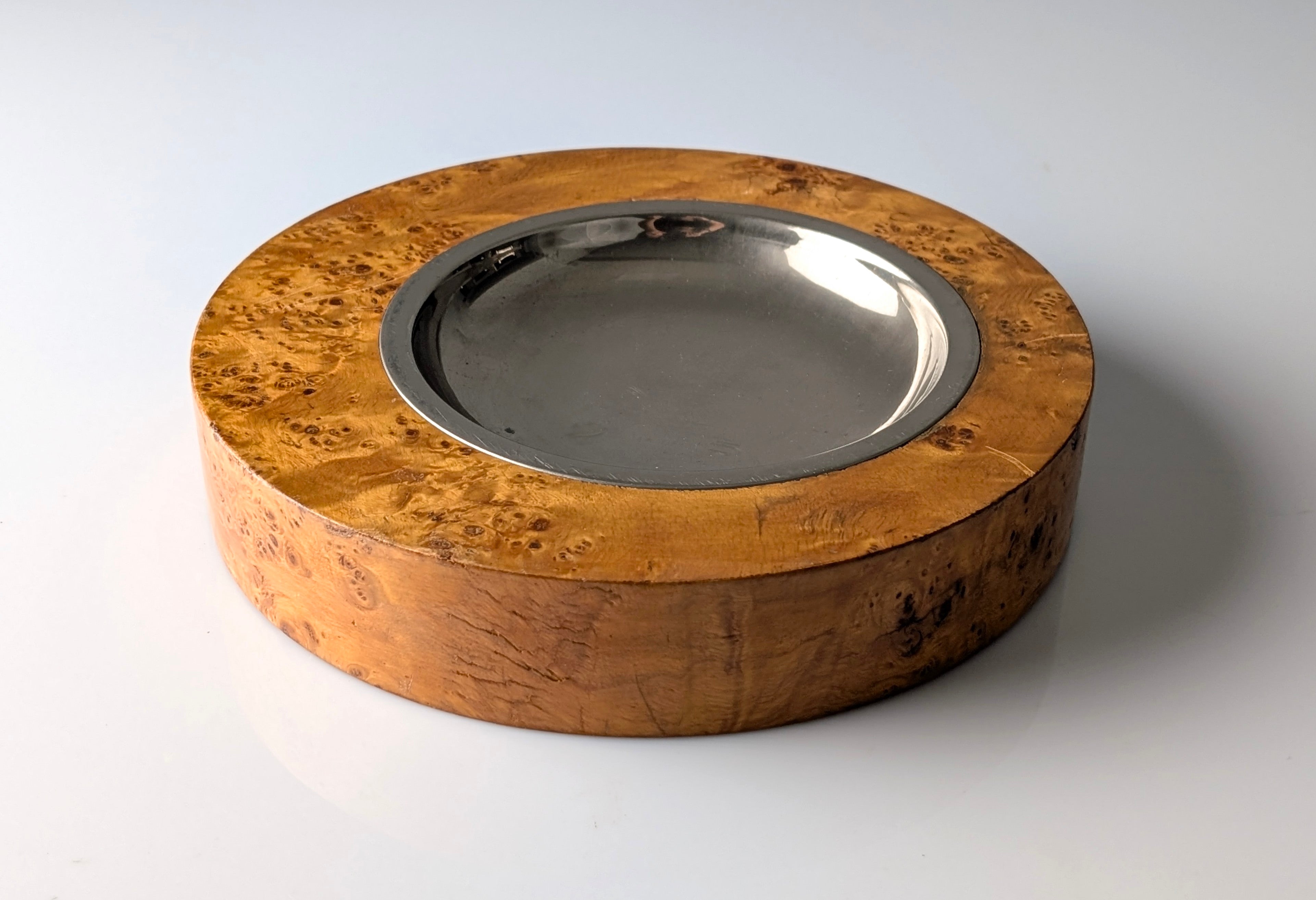 1970s_Italian_Burl_Wood_and_Stainless_Steel_Ashtray_or_Catchall,_Tommaso_Barbi_Style