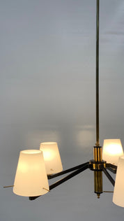 Stilnovo_Attributed_Five_Light_Chandelier_in_Black_Metal,_Brass_and_Opaline_Glass,_Italy