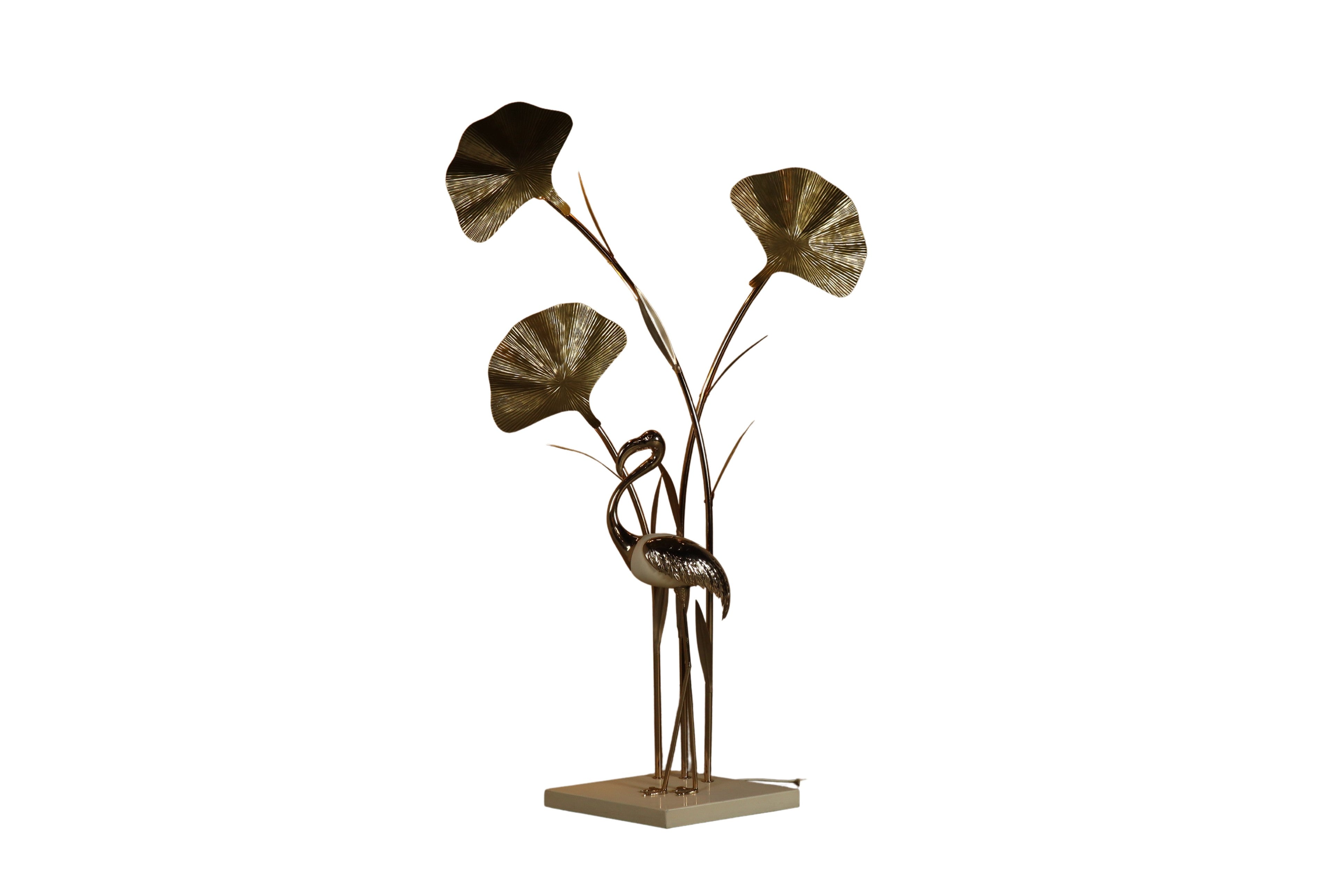 Large_brass_flamingo_floor_lamp_with_sculptural_Ginkgo_leaves,_Italy,_1970s