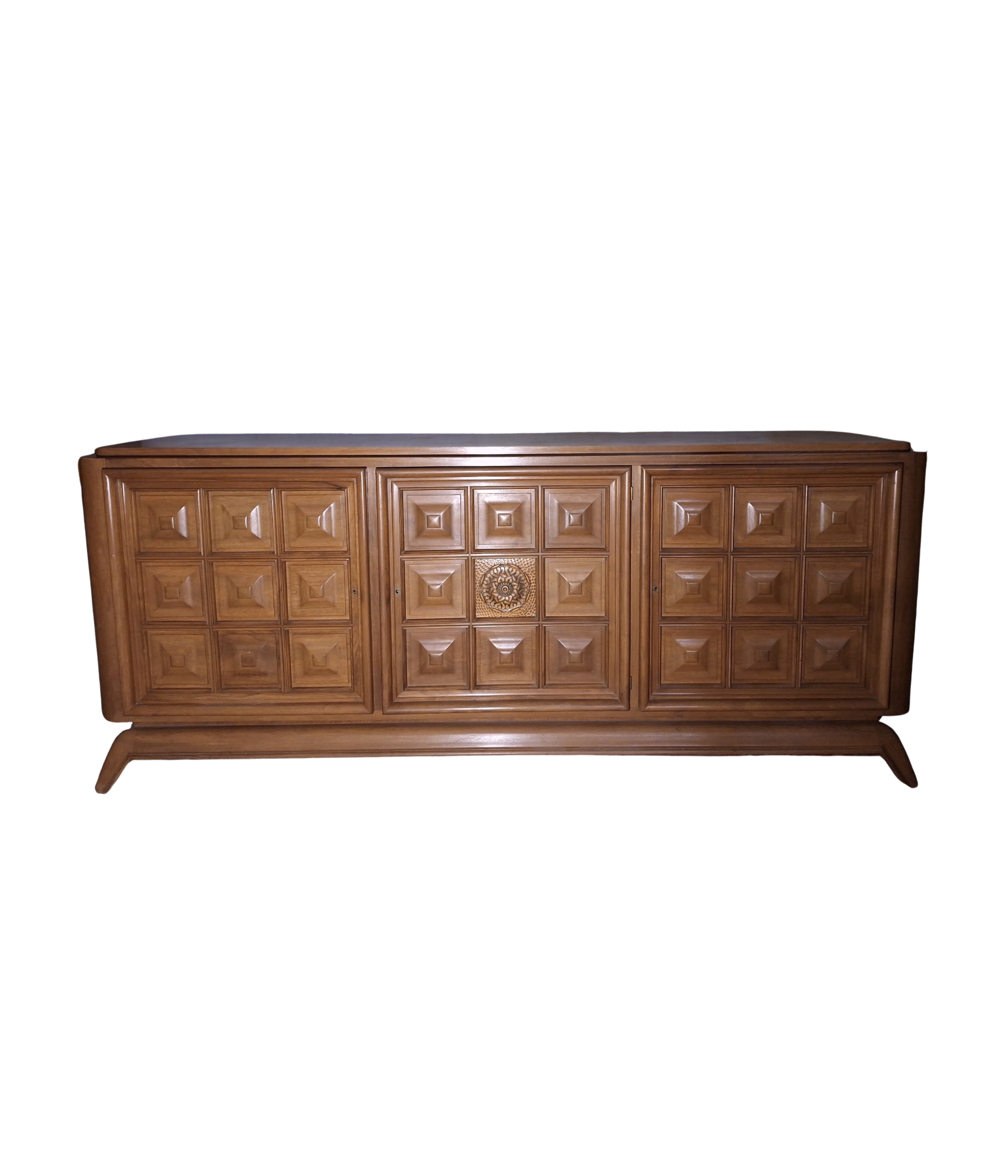 Large_French_Brutalist_Walnut_Sideboard_with_Carved_Panels,_1940s,_Charles_Dudouyt_Style