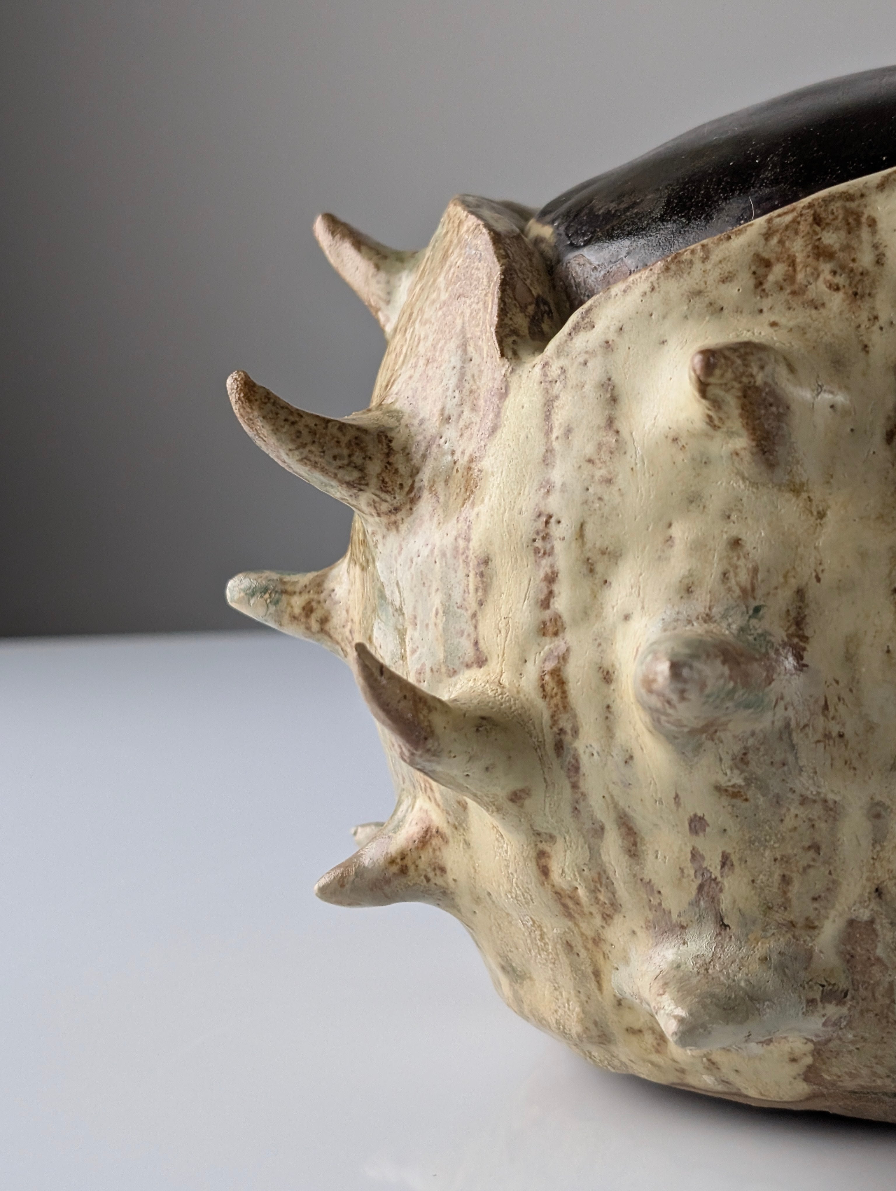 20th-Century_Sculptural_Stoneware_Chestnut_Burr_Object_in_Contrasting_Glazes