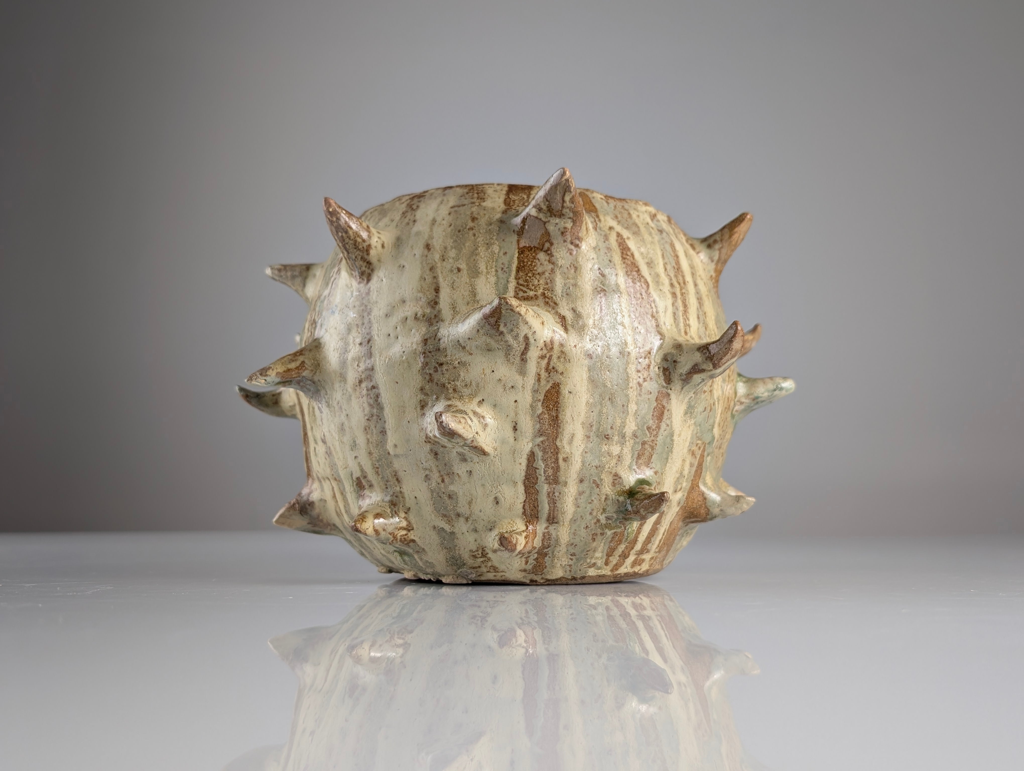 20th-Century_Sculptural_Stoneware_Chestnut_Burr_Object_in_Contrasting_Glazes