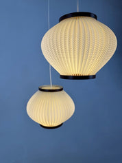 Set_of_2._Ballet_Pendant_Lamps_by_Lars_Schiøler_for_P.J._Høyrup_A/S,_Brown_and_White_PVC,_Denmark,_1970s